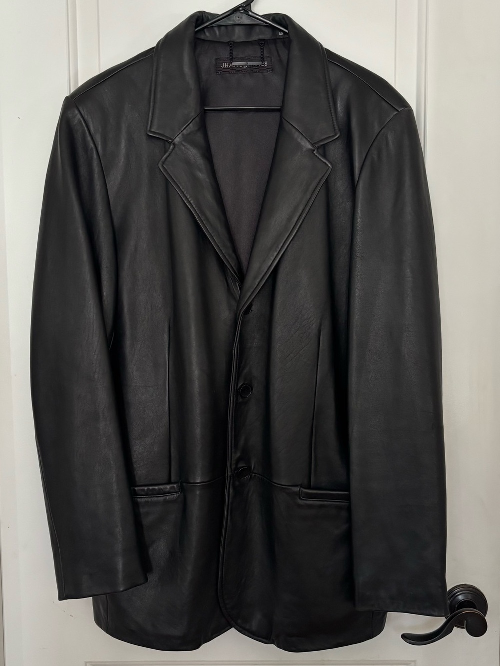 Jhane Barnes black leather blazer jacket 40 vintage designer 90s minimalist